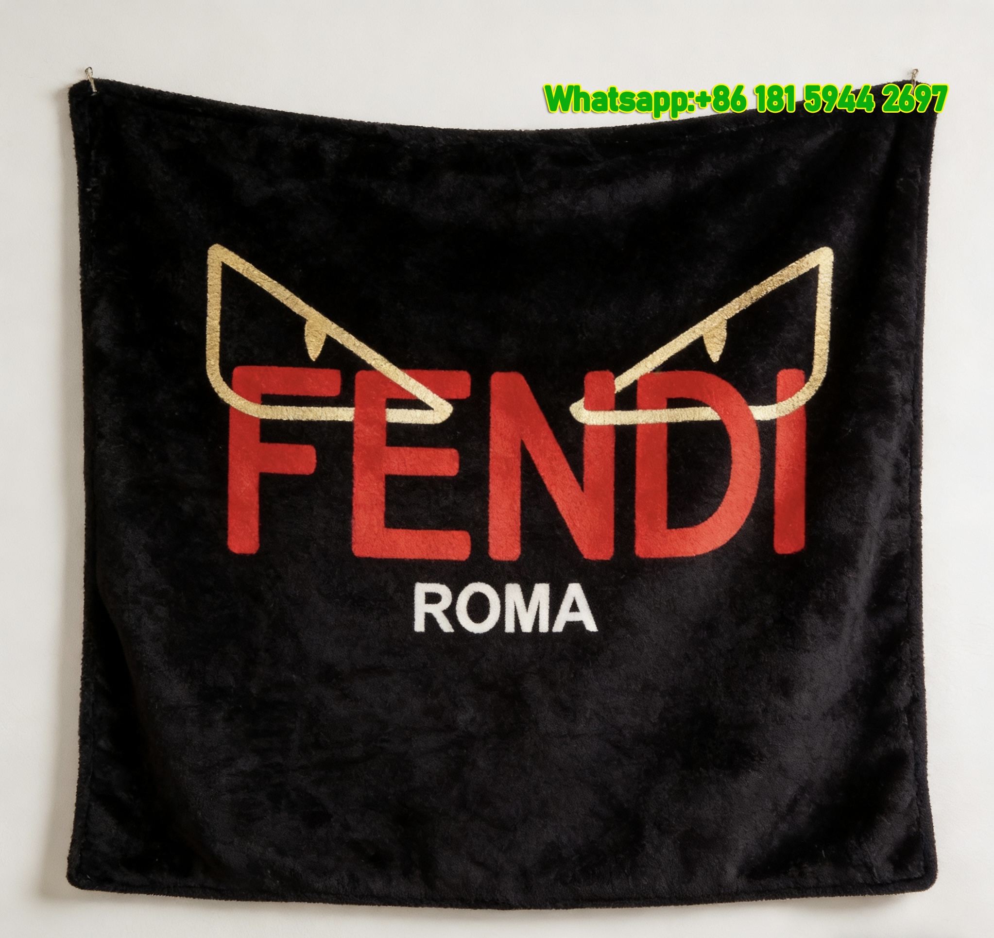 Fendi Black Red Gold Roma Monster Ears Flannel Throw Blanket IMG_9504